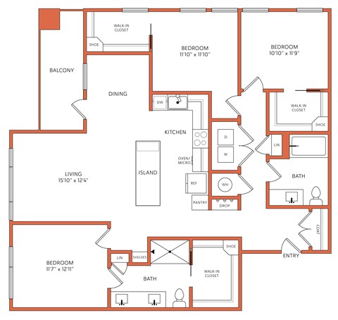Floor plan for 3 beds, 2 baths, 1450 sqft